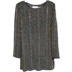 Papell Boutique Black Women's Sz-M Gold Brown Glass Beaded Tunic Long Sleeve Top